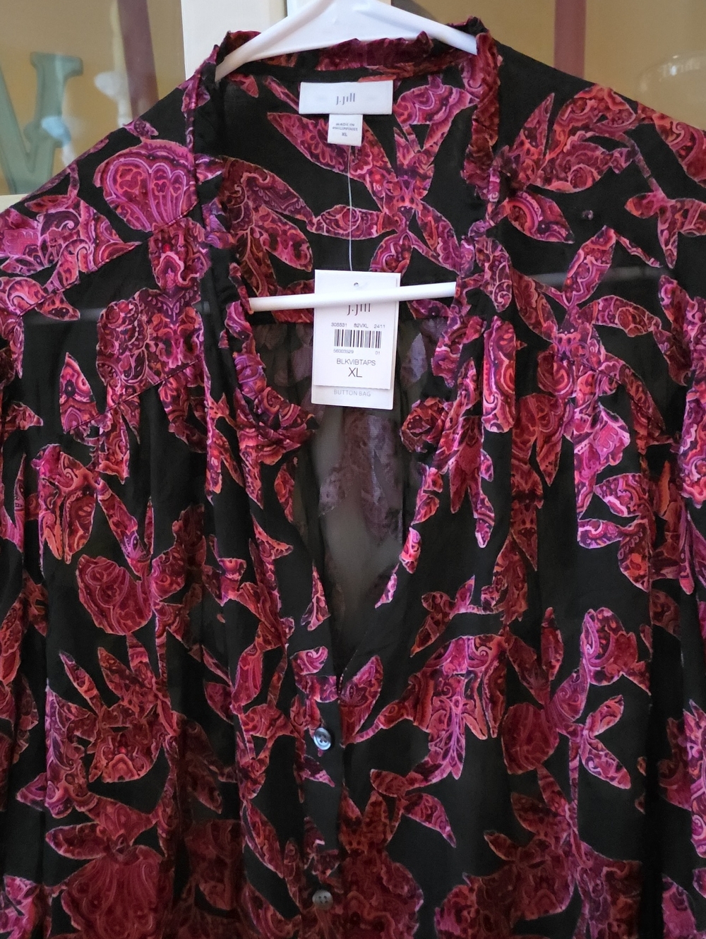 J. Jill Black Burnout Blouse with Ruffle Trim